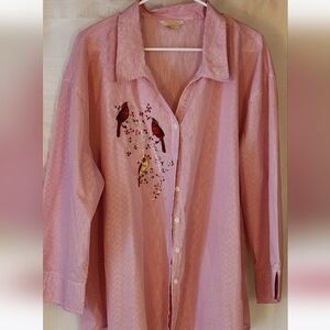 Tia Designs Woman Red Striped Bedazzled Three Embroidered Cardinal Blouse Sz 3X